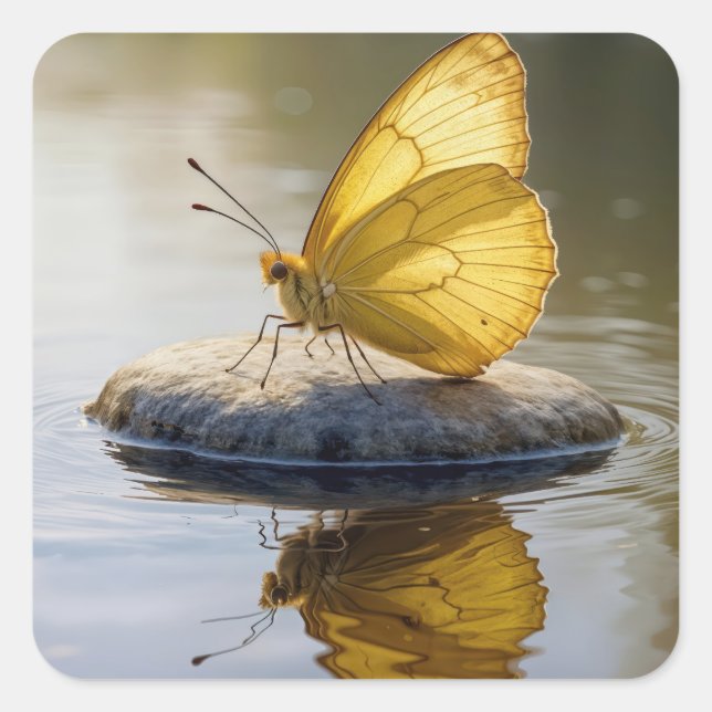 Sticker Carré Papillon Doré Sur une Roche dans l'Eau (Devant)