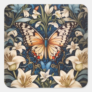 Sticker Carré Papillon et Lilies Botanique