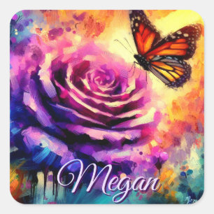 Sticker Carré Papillon Monarch sur Rose au Coucher de Soleil Per