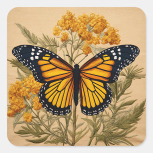 Sticker Carré Papillon Monarque à thème automne sur les fleurs d