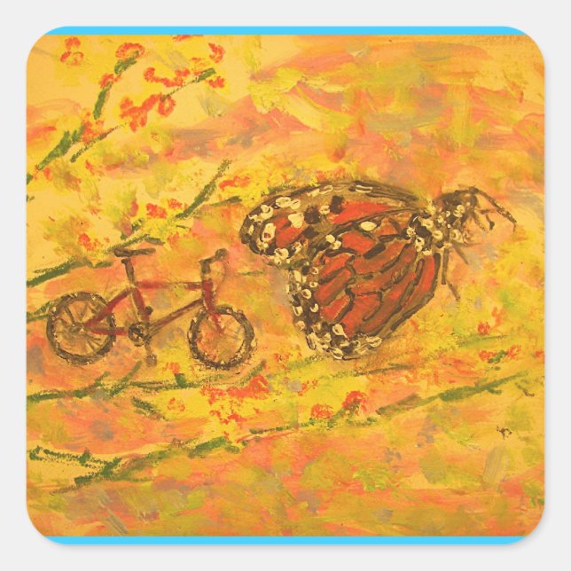 Sticker Carré papillon monarque et vélo (Devant)