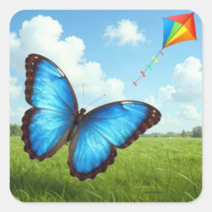 Sticker Carré Papillon Morpho Commun Faisant Voler un Cerf-Volan