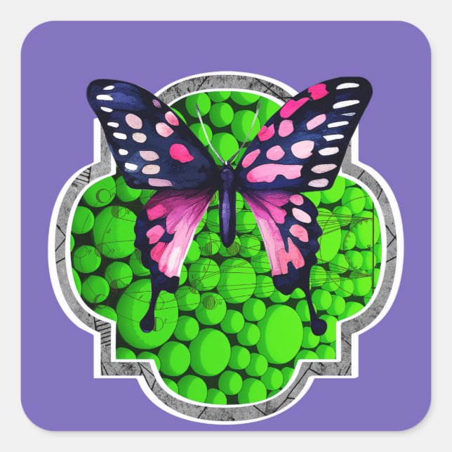Sticker Carré Papillon pourpre, Points verts, Astrologie (Devant)