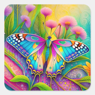 Sticker Carré Papillon psychédélique coloré et Fleur sauvage