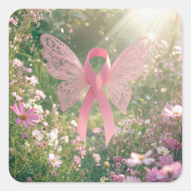 Sticker Carré Papillon Ruban Rose dans un Jardin (Devant)