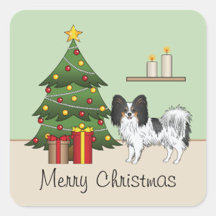 Sticker Carré Papillon Tricolore Mignon Près d'un Arbre de Noël