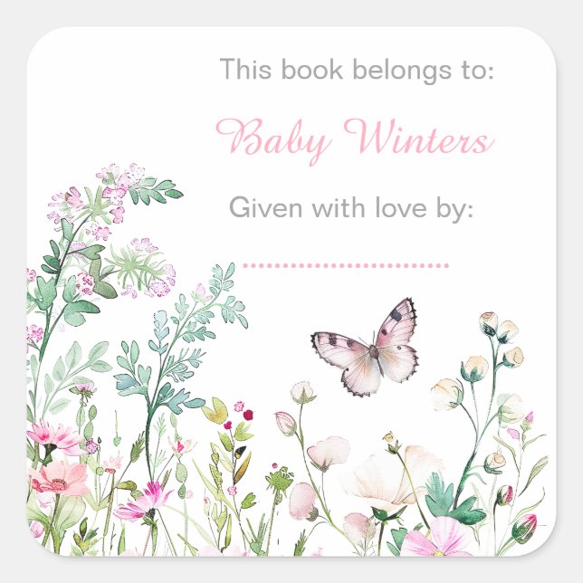 Sticker Carré Papillon vert de printemps Fleurs Baby Shower (Devant)