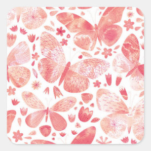 Sticker Carré Papillons Aquarelle Corail rose