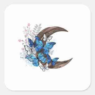 Sticker Carré Papillons bleus sur croissant en bois