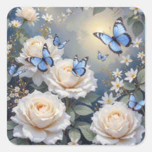 Sticker Carré Papillons bleus sur des roses blanches et des marg