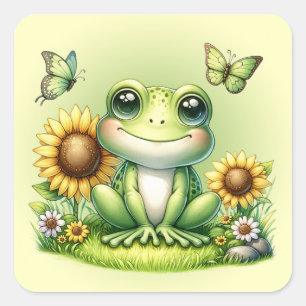 Sticker Carré Papillons de grenouille à caricature et tournesols