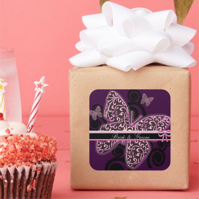 Sticker Carré Papillons de mariée tourbillon violet noir blanc (Fête)
