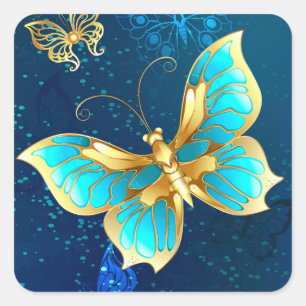 Sticker Carré Papillons dorés sur fond bleu