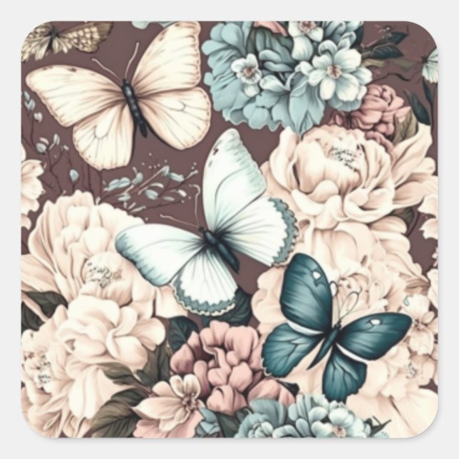 Sticker Carré Papillons et fleurs brunes (Devant)