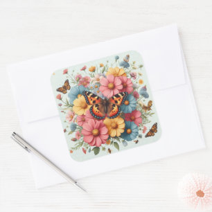 Sticker Carré Papillons et fleurs motif