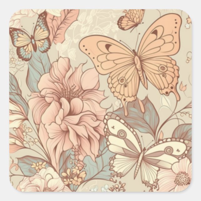 Sticker Carré Papillons et fleurs orange clair eWatch (Devant)