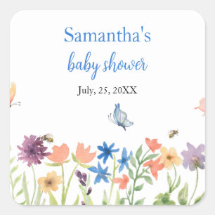 Sticker Carré papillons fleur sauvage jardin baby shower bleu