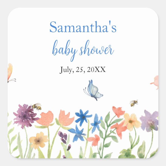 Sticker Carré papillons fleur sauvage jardin baby shower bleu (Devant)