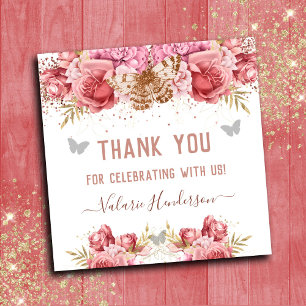 Sticker Carré Papillons floraux Baby shower de Merci rose