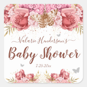 Sticker Carré Papillons floraux Baby shower rose