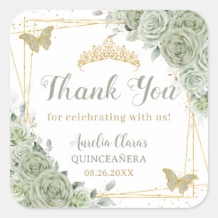 Sticker Carré Papillons floraux d'or Quinceañera Sage Green