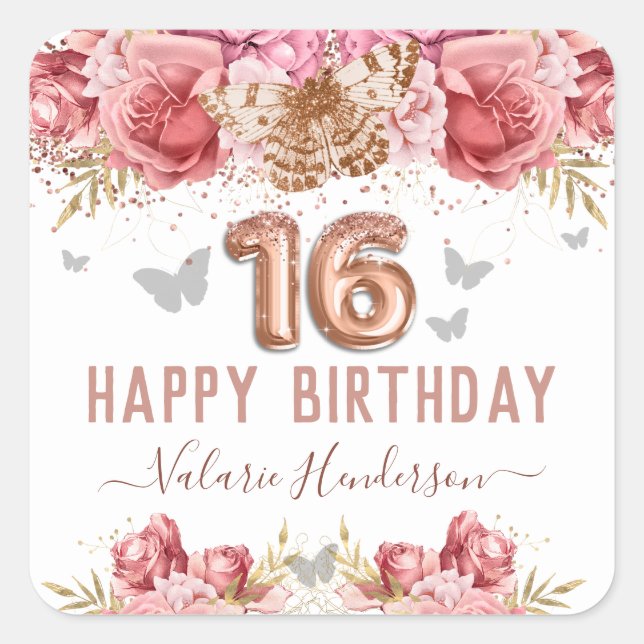 Sticker Carré Papillons floraux rose heureux 16e anniversaire Ca (Devant)