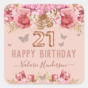 Sticker Carré Papillons floraux rose heureux 21e anniversaire