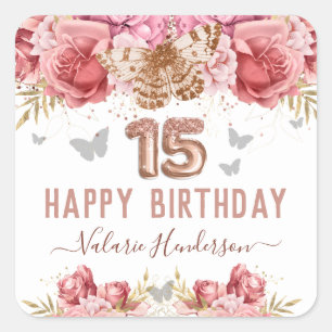 Sticker Carré Papillons floraux rose joyeux 15e anniversaire Squ