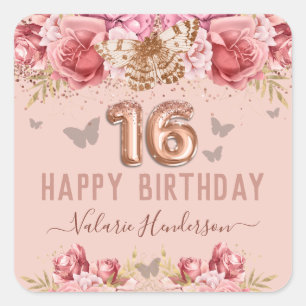 Sticker Carré Papillons floraux rose joyeux 16e anniversaire