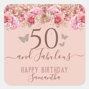 Sticker Carré Papillons floraux rose joyeux 50e anniversaire