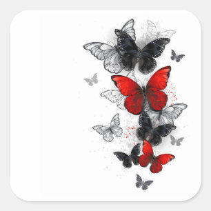 Sticker Carré Papillons noirs et rouges volants