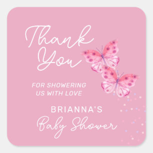 Sticker Carré Papillons roses Filles jumeaux Baby shower Merci