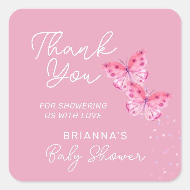Sticker Carré Papillons roses Filles jumeaux Baby shower Merci (Devant)