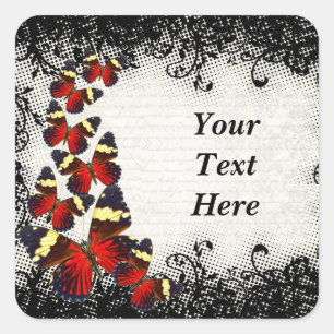 Sticker Carré Papillons rouges sur dentelle noire