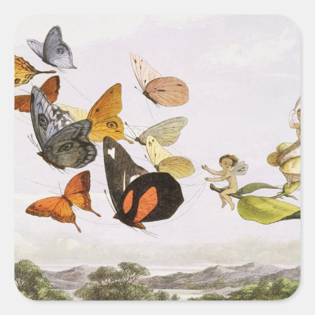 Sticker Carré Papillons vintages & Fée Vieux art d'illustration (Devant)