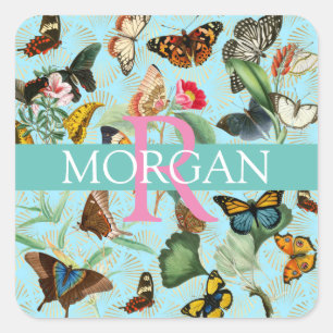 Sticker Carré Papillons vintages, Monogramme & Nom, Turquoise &
