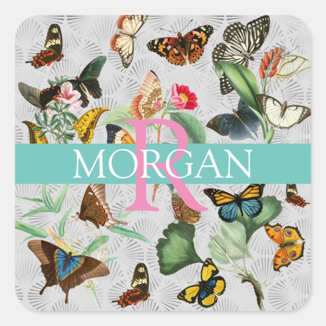 Sticker Carré Papillons vintages, Monogramme & Nom, Turquoise &  (Devant)