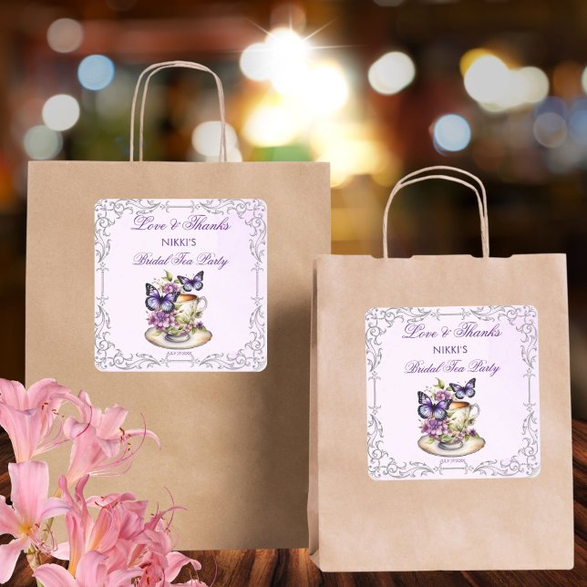 Sticker Carré Papillons violets fête de thé de mariage victorien (Purple butterflies Victorian bridal tea party bridal shower thank you favor Sticker)