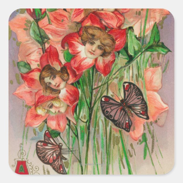 Sticker Carré Pâques joyeuses avec des Fleurs de Tête Féminines (Devant)