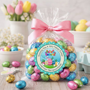 Sticker Carré Pâques Joyeux Coloré – Lapin et Œufs Mignons