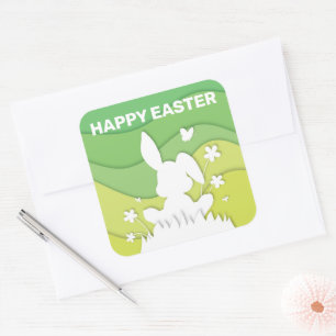 Sticker Carré Pâques lapin 3D papier coupé vert nature printemps
