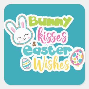 Sticker Carré Pâques souhaite et le lapin embrasse l'autocollan