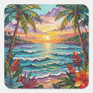 Sticker Carré Paradis tropical   Scène de plage côtière Impasto