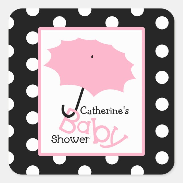 Sticker Carré Parapluie rose baby shower et Pois (Devant)