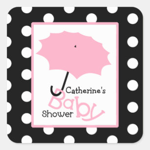Sticker Carré Parapluie rose baby shower et Pois