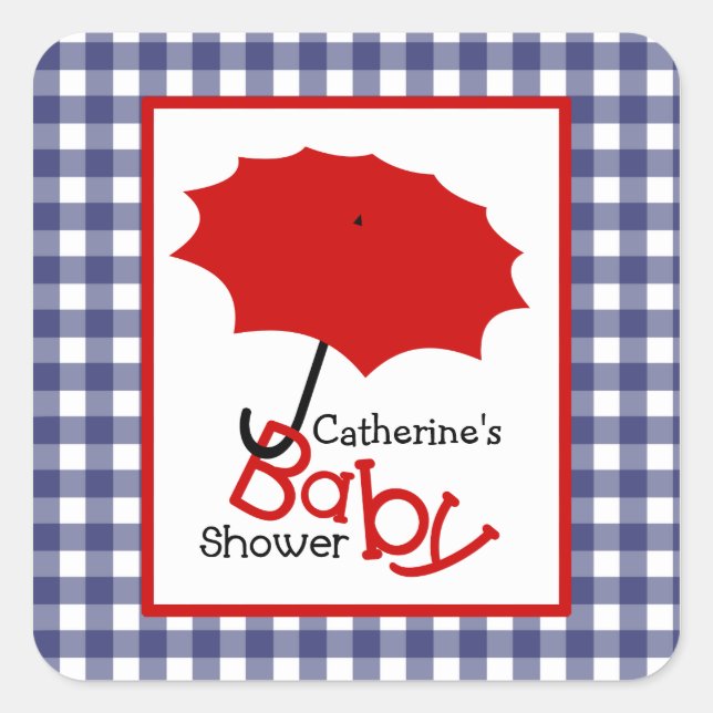 Sticker Carré Parapluie rouge baby shower et En vichy bleu (Devant)