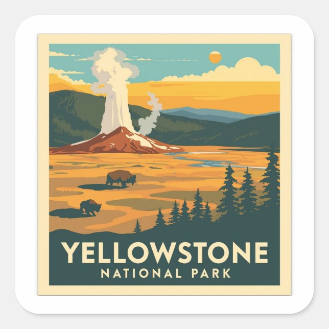 Sticker Carré Parc national de Yellowstone Design d'aventure (Devant)