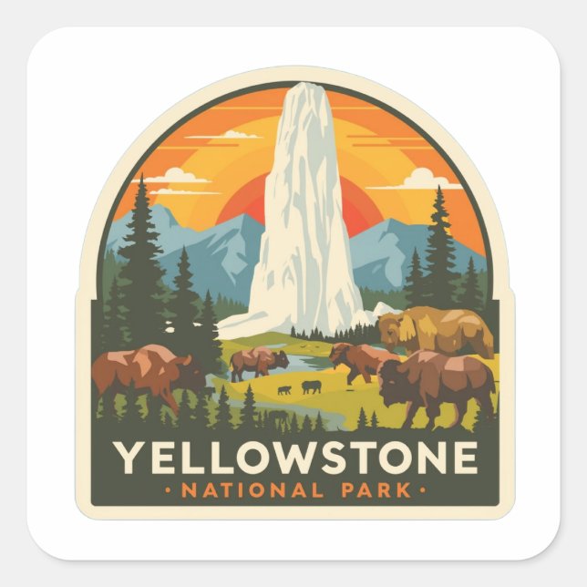 Sticker Carré Parc national de Yellowstone Design d'aventure (Devant)