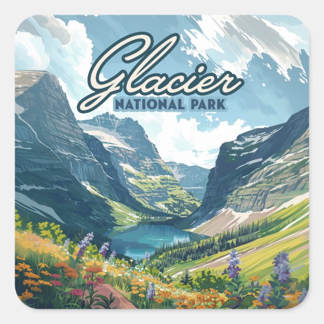 Sticker Carré Parc national des Glaciers Montana Lake Retro (Devant)
