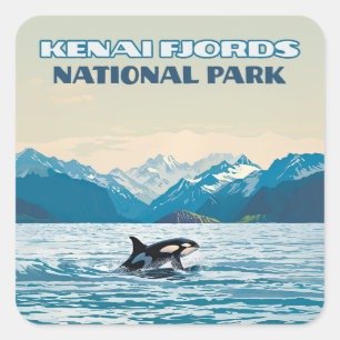 Sticker Carré Parc national Kenai Fjords Orca Alaska Vintage